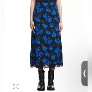 Women's THE KOOPLES NWT Dot & Rose Print Silk Midi Skirt-Blue & Black-US 8